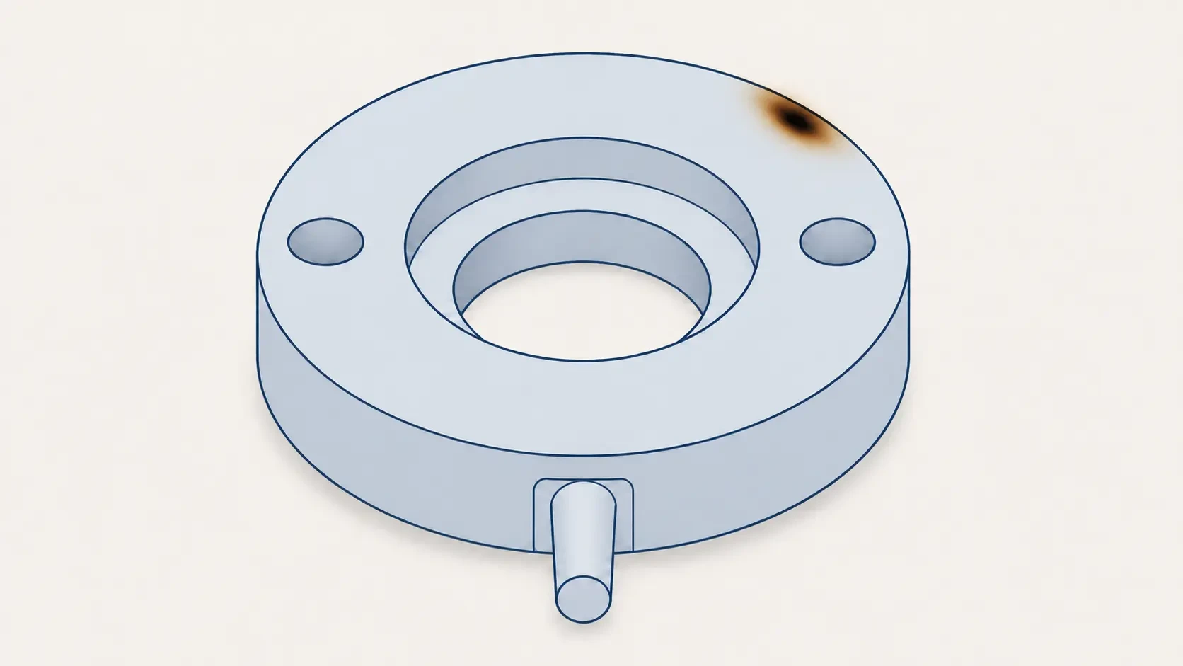 Dark burn marks near the end of the flow path on a moulded plastic component.