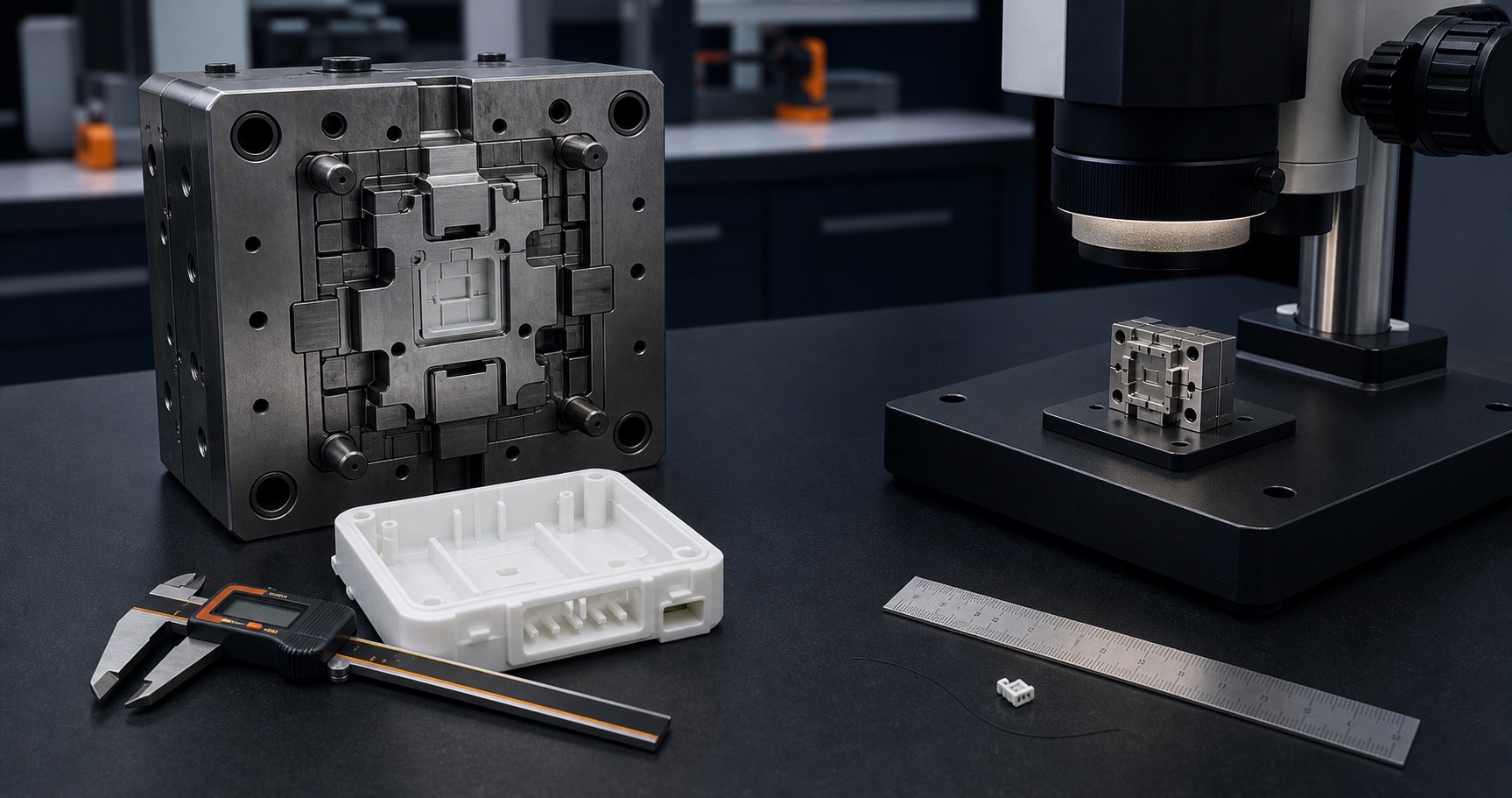 Conventional injection mould and plastic housing compared with a micro mould, microscope and miniature component