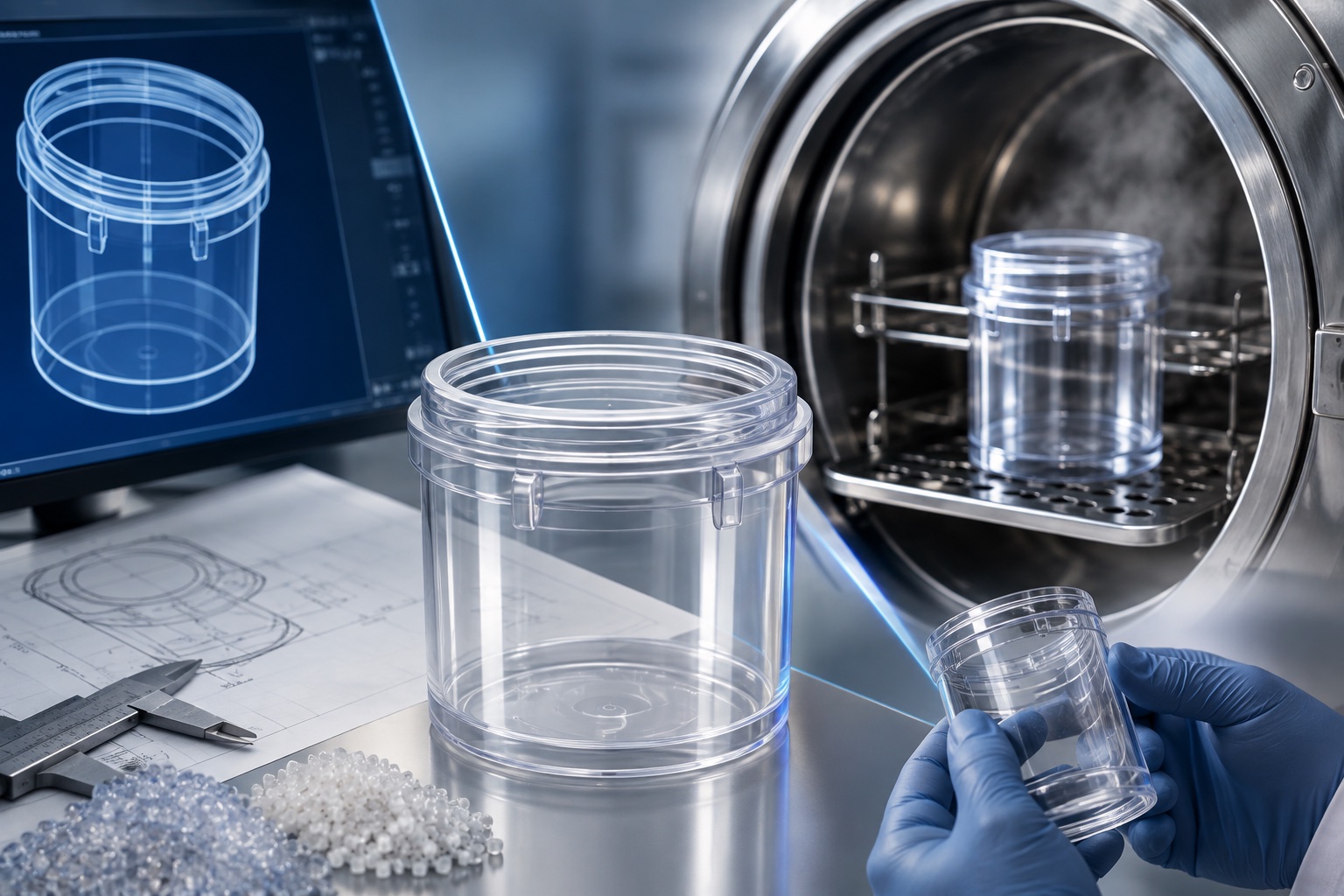Medical device manufacturing in Singapore showing a precision plastic sterilisation component undergoing thermal validation from prototype to production.